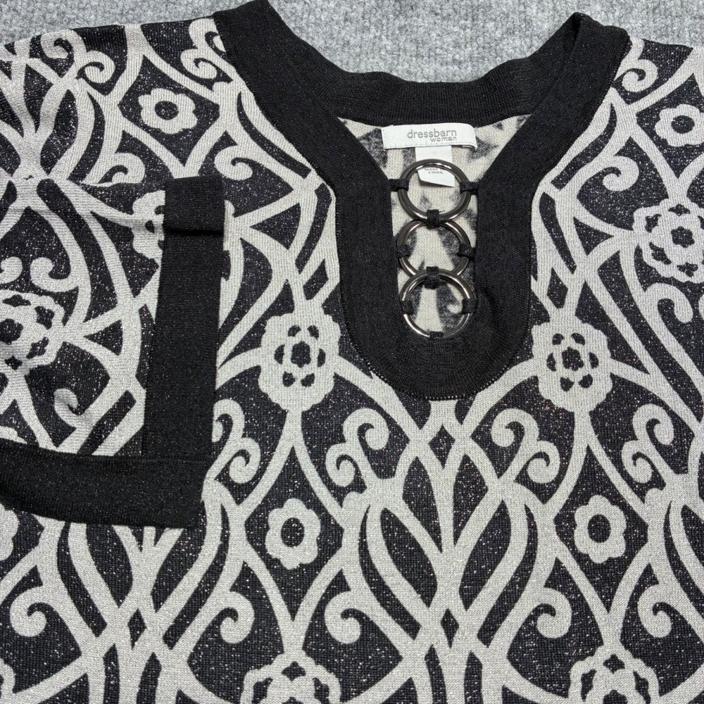 Dressbarn Black/Silver Metallic‎ Geometric Print V-Neck Blouse 18/20 3/4 Sleeve